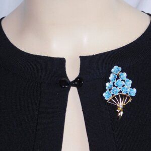 Wonderful 3D. Bouquet of Blue Metal & Crystal Flowers Gold plated Pin Brooch